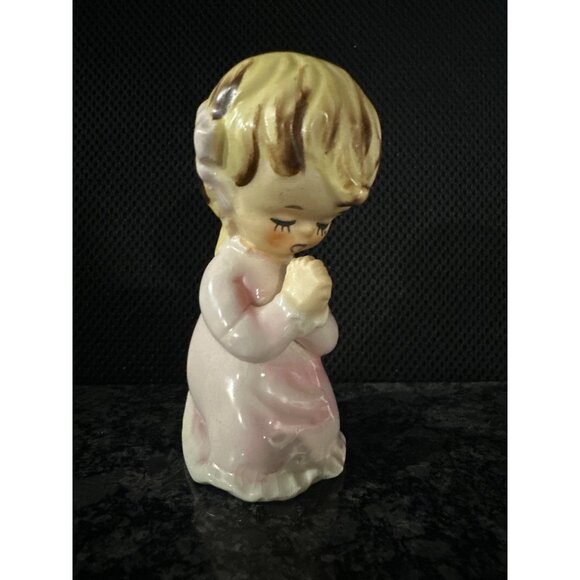 Vintage Lefton Ceramic Praying Girl Figurine In Pink Dress & Bow - Picture 1 of 8
